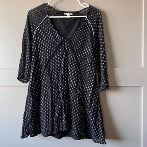 Amuse Society Women Tunic Top Blouse  XS Black Silver Thread 3/4 Sleeve Tie Boho